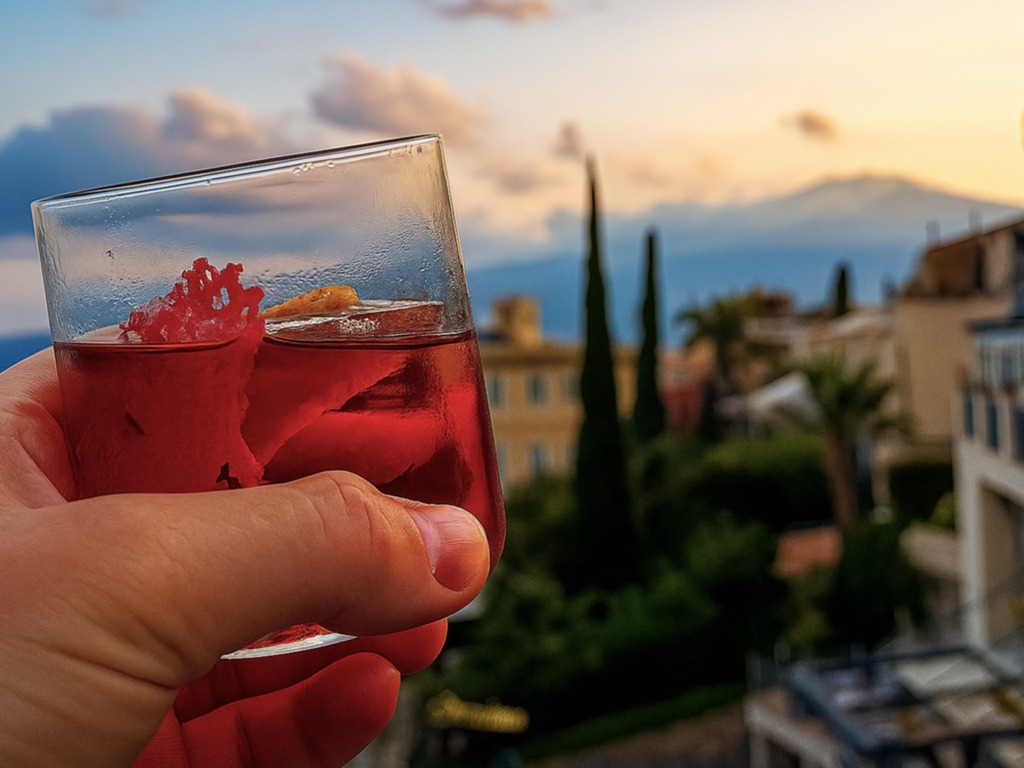 close up negroni at sunset with mount etna in the distance