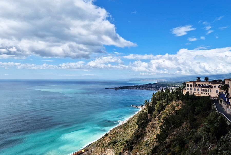 view of bay of naxos from Taormina