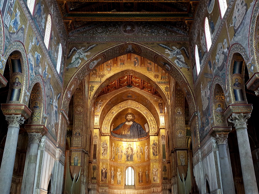 interior of nave and mosaics in monreale cathedral
