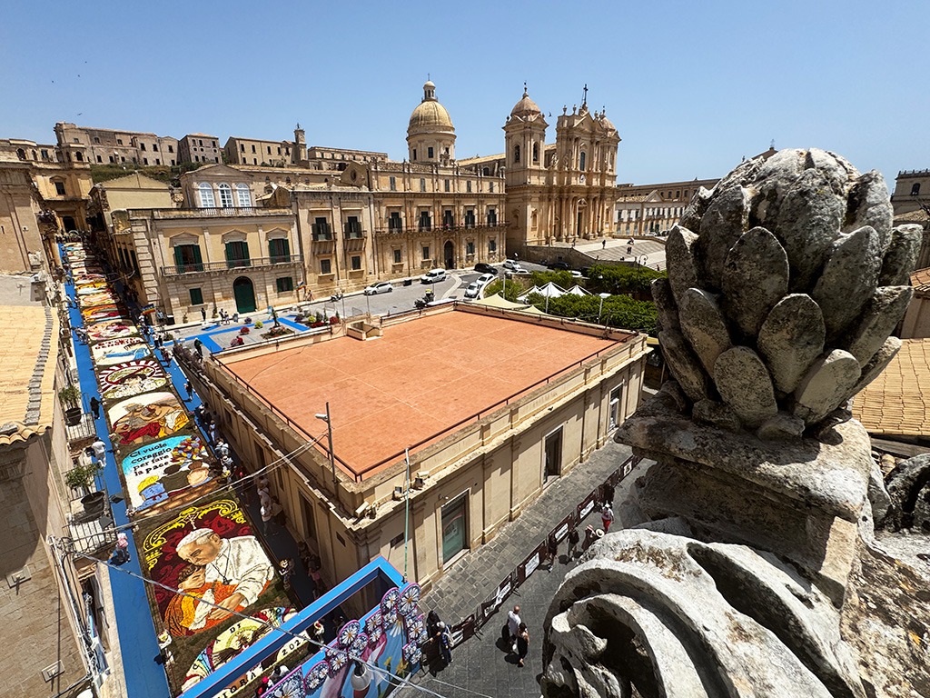 view of noto infiorata and duomo from church rooftop