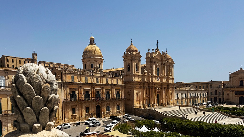 view of Noto cathedral from rooftop