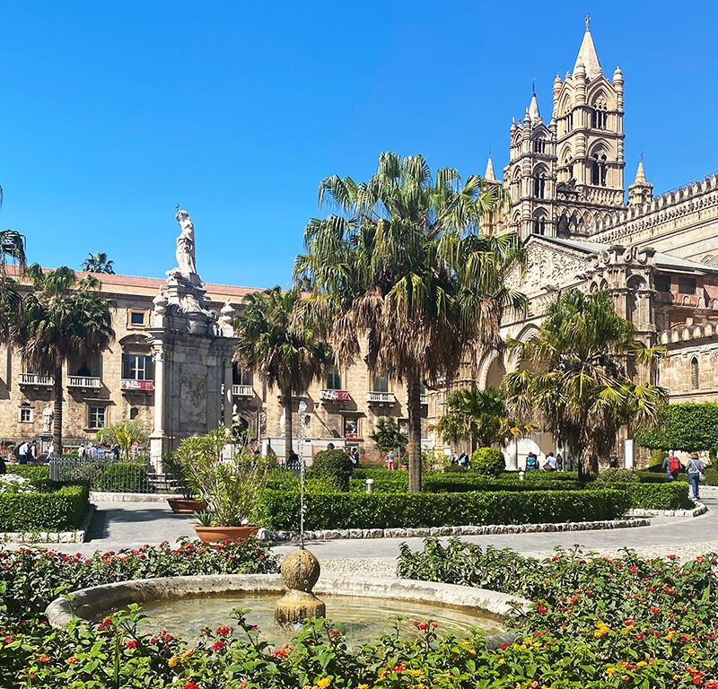 exterior view of palermo cathedral and courtyard