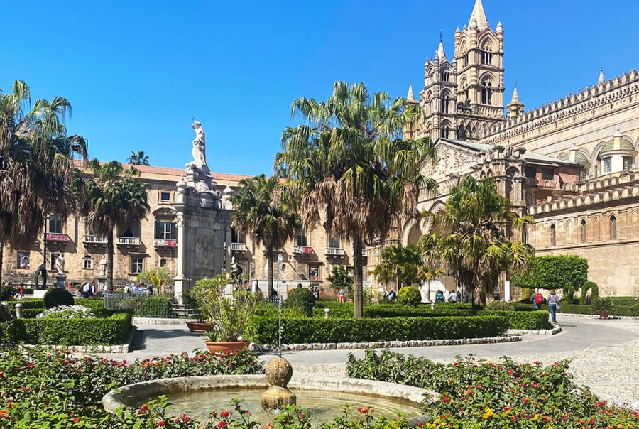 exterior view of palermo cathedral and courtyard