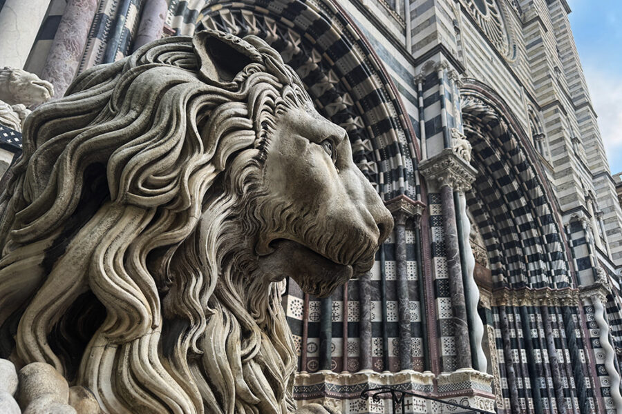 close up of stone lion on facade of san lorenzo cathedral genoa