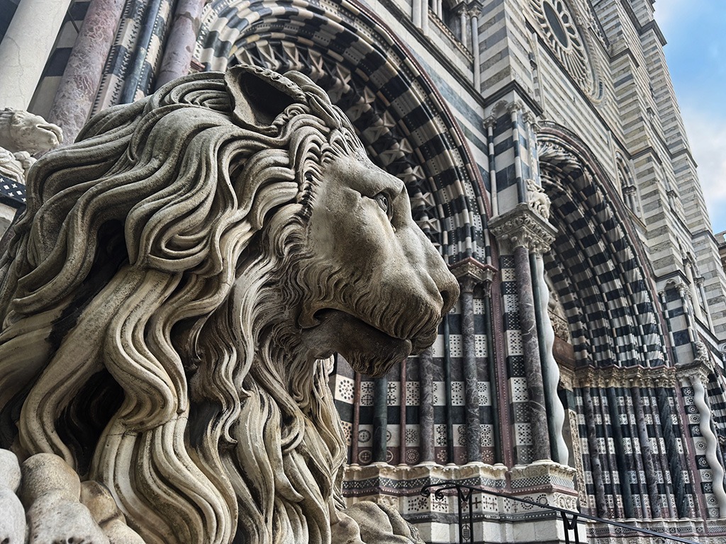 close up of stone lion on facade of san lorenzo cathedral genoa