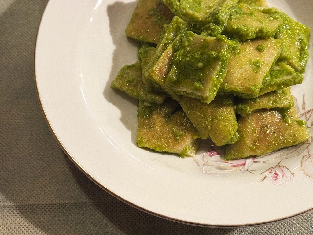 testaroli pasta with pesto genovese