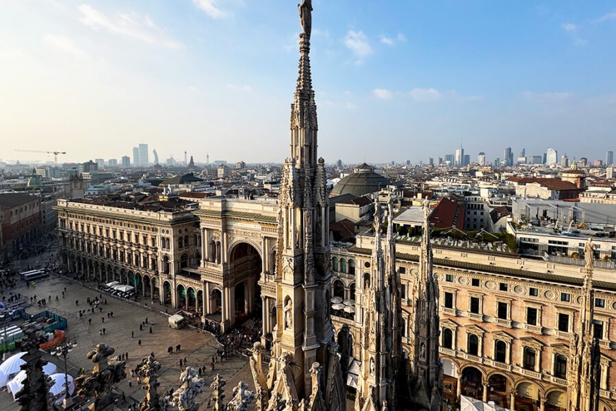 view of duomo main spire and galleria behind from the terraces