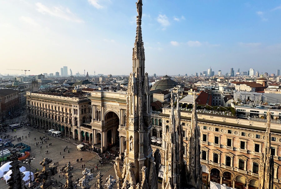 view of duomo main spire and galleria behind from the terraces