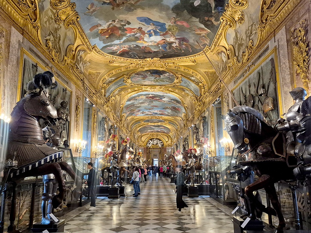 view of the long gallery in the turin royal palace armoury