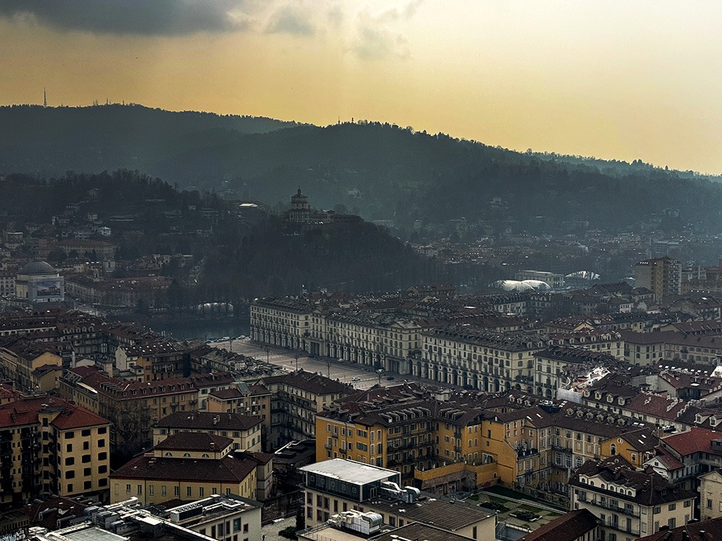 view of turin city from lift of Mole Antonelliana