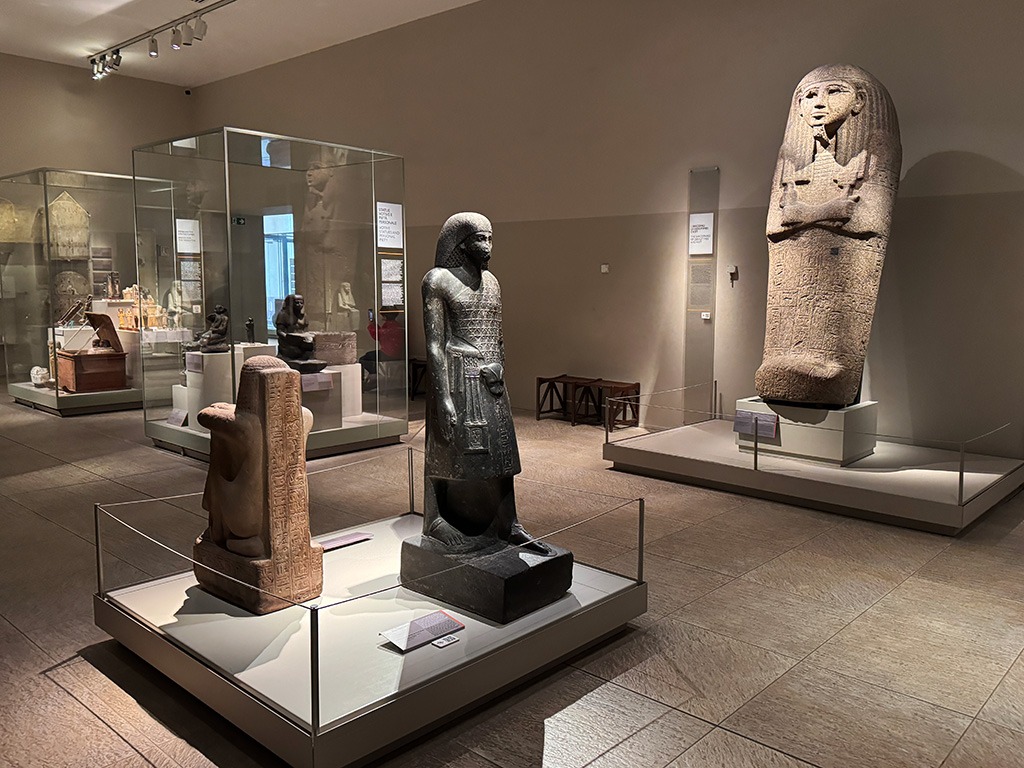 wide view of a gallery in the turin egyptian museum with assorted statues