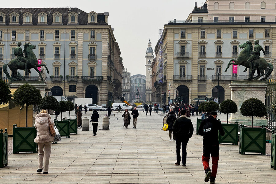 piazza castello in foreground, with view down to turin main train station