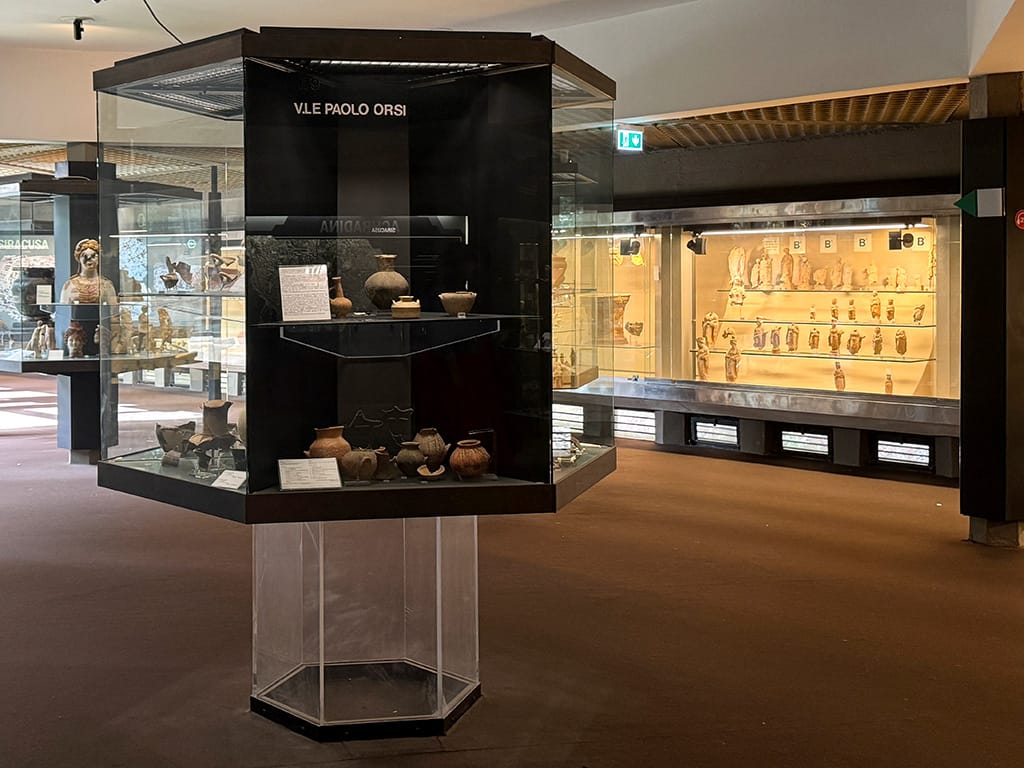 Syracuse Archeological Museum display of ancient terracotta pieces