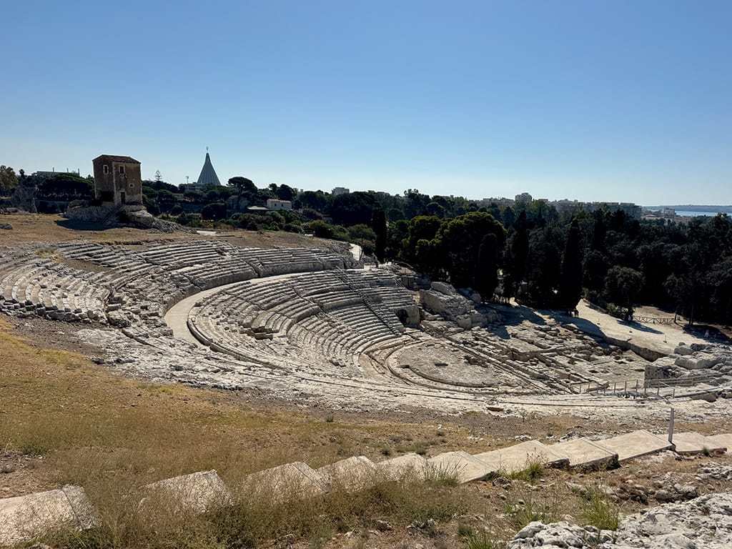 view down from top of ancient greek theatre