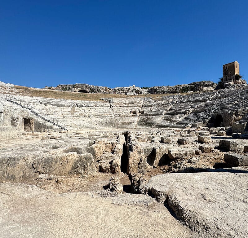 wide view of the ancient greek theatre in Neapolis Archaeological Park