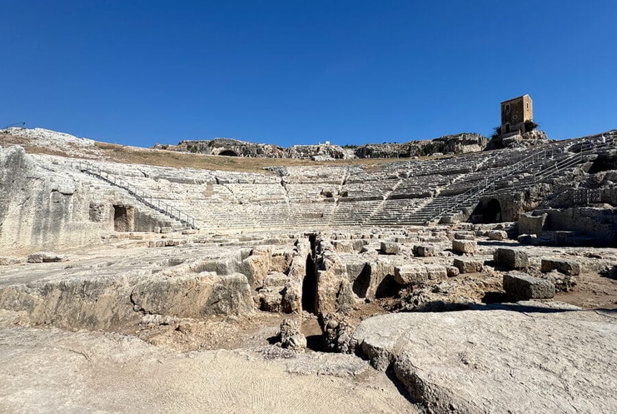 wide view of the ancient greek theatre in Neapolis Archaeological Park