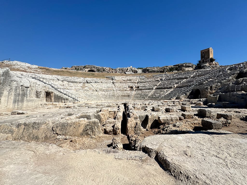 wide view of the ancient greek theatre in Neapolis Archaeological Park