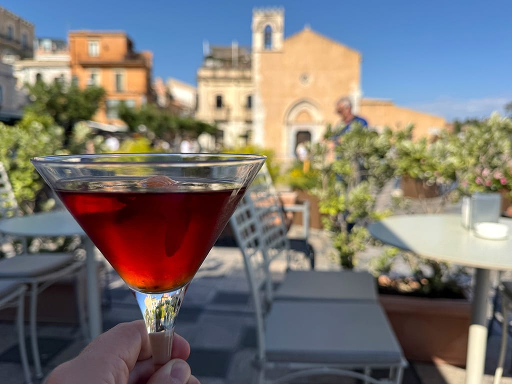close up of a manhattan cocktail in martini glass